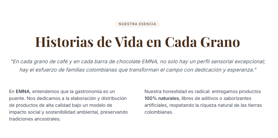 Texto inspiracional Historias de Vida en Cada Grano de EMNA FOODS